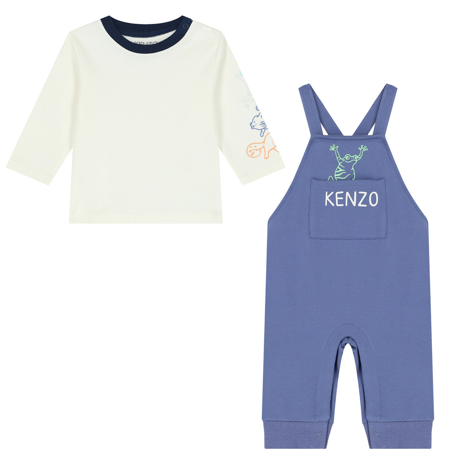 Baby Boys Blue & Ivory Logo & Frog Dungaree Set, 1, hi-res